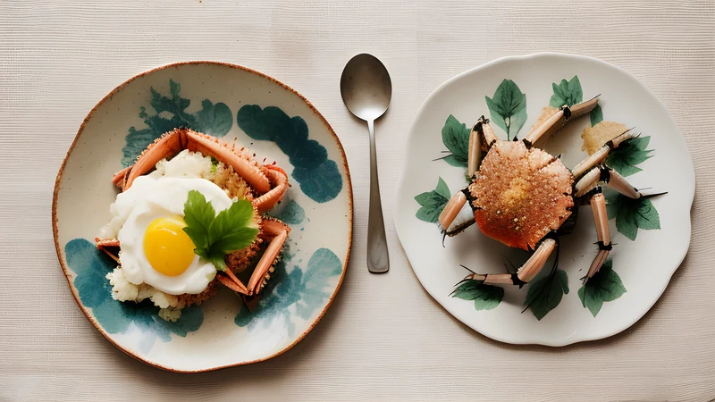 Two spider crab shells filled with a rust-coloured crab mixture under golden breadcrumbs, on a baking tray