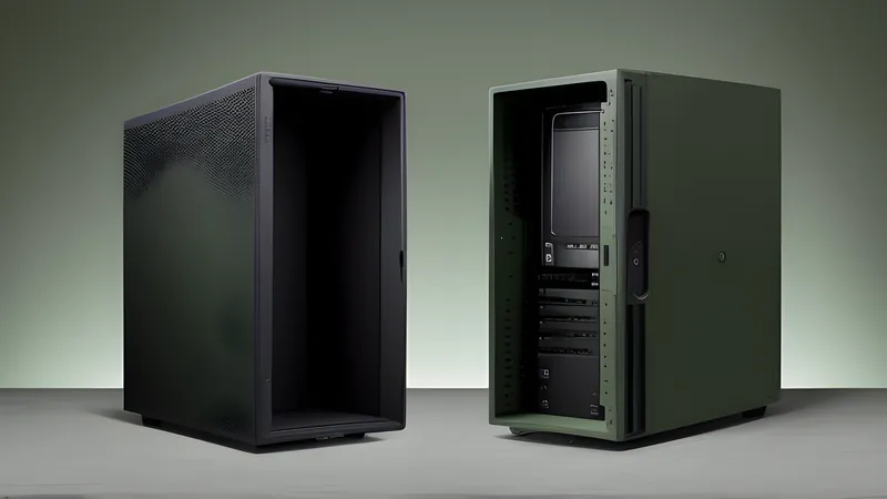 A fresh glowing NAS enclosure standing beside a well-worn established NAS shape, both cradling drive bays