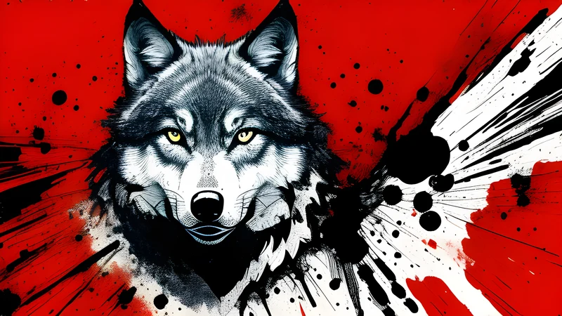 Ink illustration of a wolf silhouette fragmenting into shifting abstract shapes, crimson spot colour
