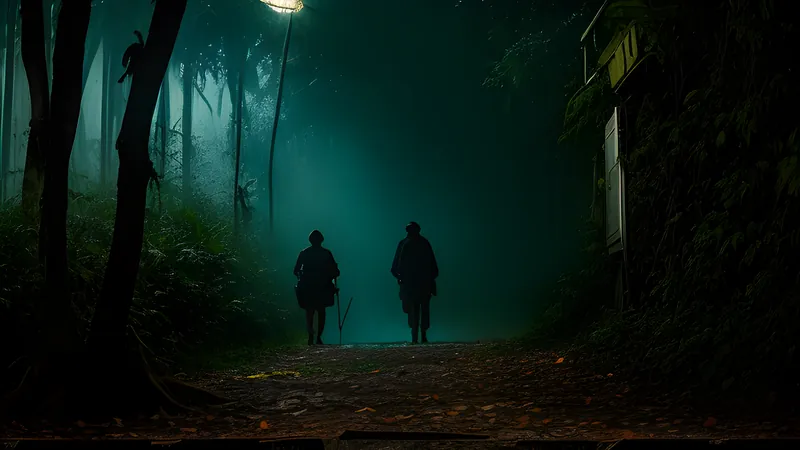 A Milan street shootout aftermath dissolving into humid jungle undergrowth, teal and amber repertory poster style
