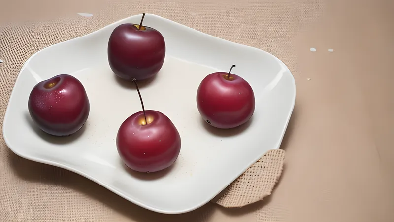 Wrinkled red-pink umeboshi plums arranged in a shallow bowl, glistening with brine