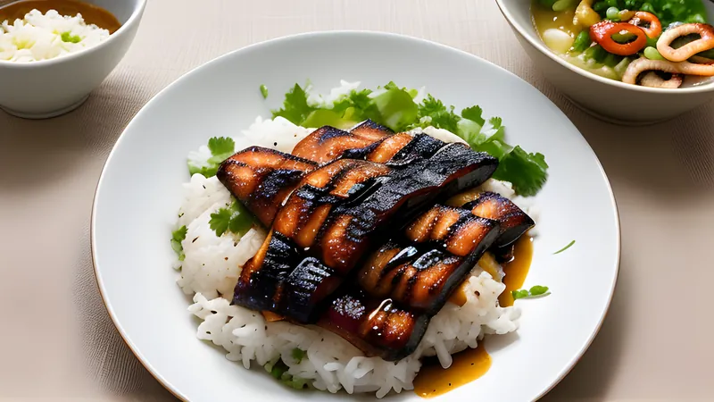 A bowl of unagi don with lacquered grilled eel over rice, glazed in kabayaki sauce