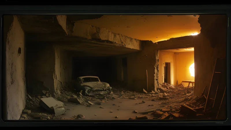 A crumbling cliffside ruin caught mid-collapse in golden adventure light, amber CRT phosphor bloom