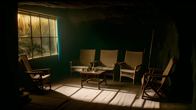 Two red pinpoint eyes in a black jungle beyond a lamplit veranda, repertory-poster style in teal and amber
