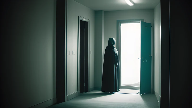 An apartment doorway with a chador drifting in the draught