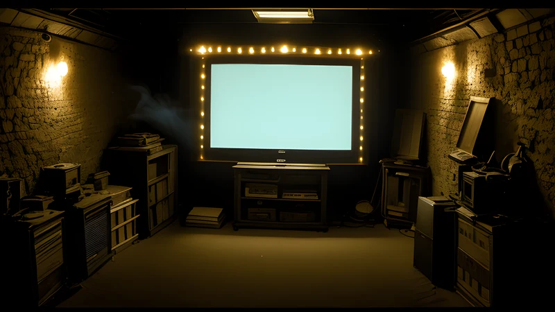 A brass band playing in a lamplit cellar beneath a burning city, repertory cinema poster in teal and amber with projector light through smoke