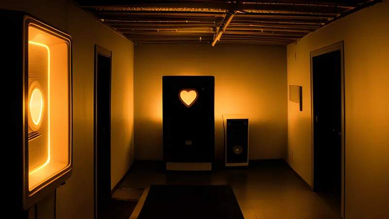 A single heart-shaped light suspended in a dark branching corridor, rendered in amber CRT glow