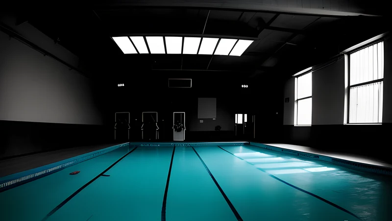 A boxing gym in silhouette beside an empty swimming pool at night, teal and amber repertory poster style
