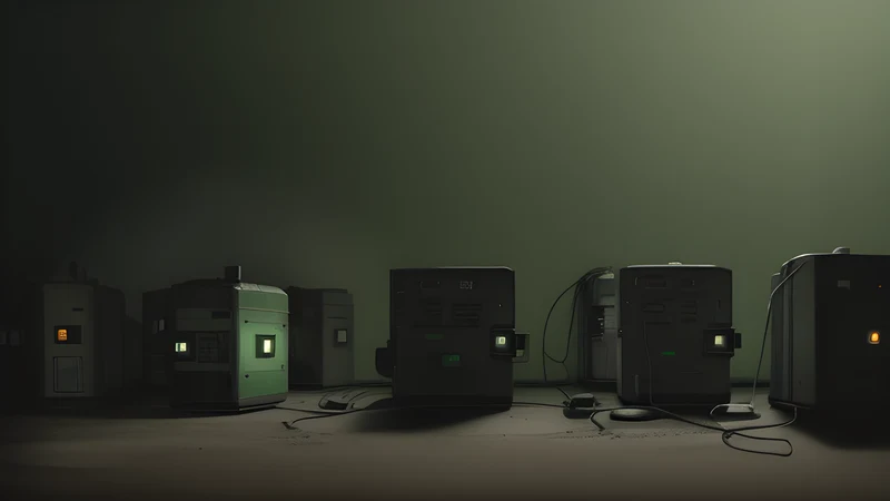 A UPS battery glowing faintly while rack machines power down in sequence