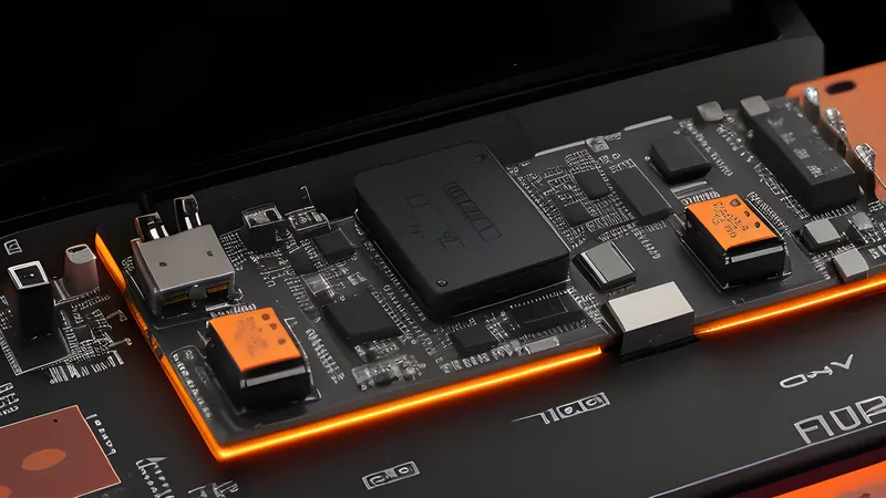 An invented USB-C hub body cutaway showing a small chipset glowing hot orange among cooler surrounding ports