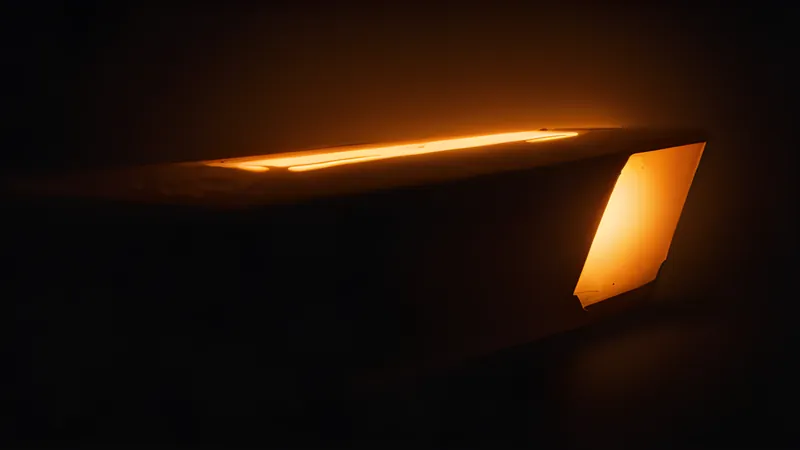 A weathered enterprise drive shape flickering with a faint risk warning, a price tag light dangling from its edge