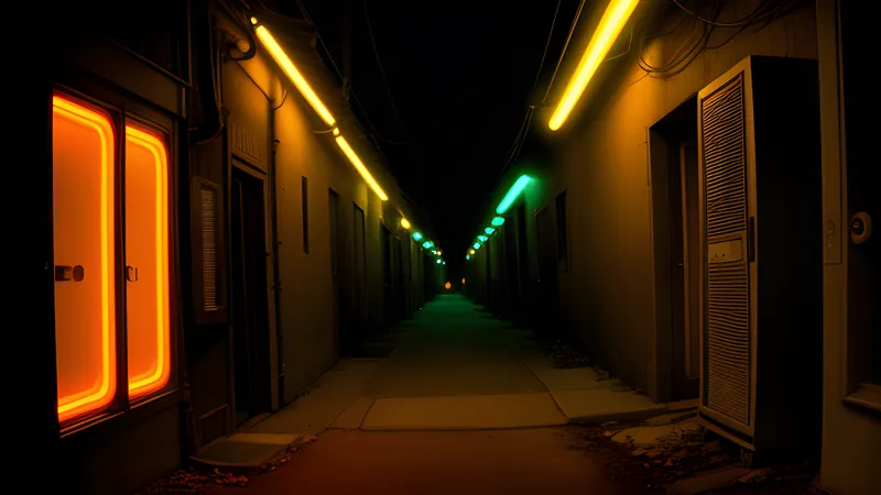A neon-lit alley in amber CRT glow with a long crack running down the wall
