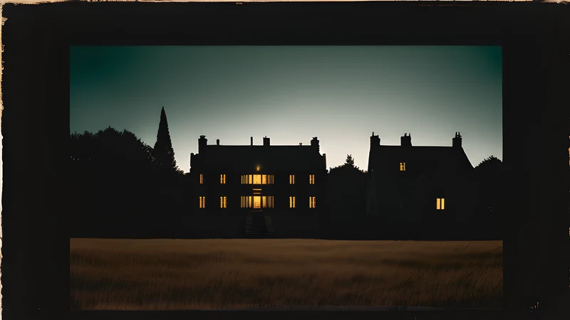 A lonely English country house at dusk with two silhouetted figures in the drive
