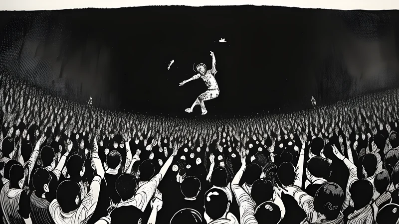 A stage dive over a tight hardcore crowd in a small hall, splattered ink, crimson spotlight