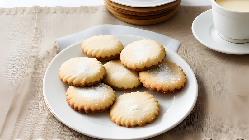 Pale crescent-shaped biscuits heavily coated in white vanilla sugar, piled on a plate with sugar scattered around them