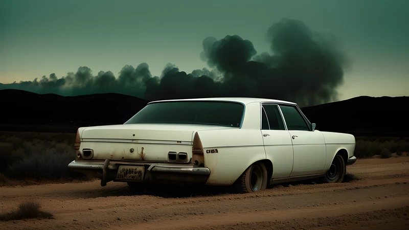 A white car on a desert road with bulldozers waiting ahead, as a teal-and-amber repertory poster