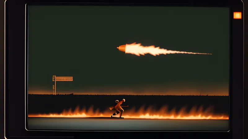 A rocket-trailed figure skidding low across a shattered orbital platform, amber CRT phosphor glow
