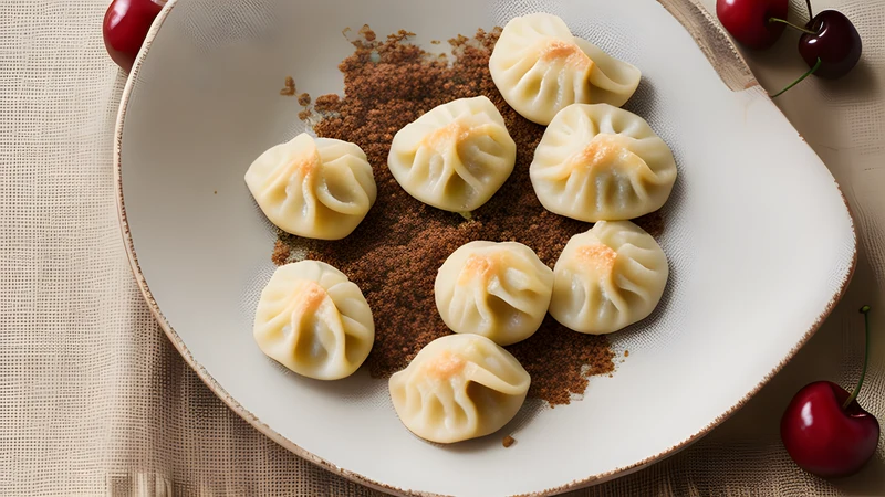 Pale pinched half-moon dumplings in a bowl under browned butter and soured cream, some leaking dark cherry juice