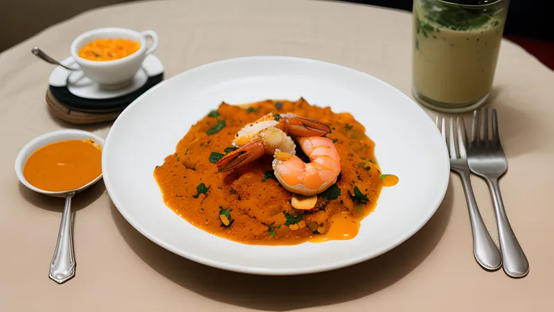 A bowl of glossy orange vatapá studded with prawns, served with rice
