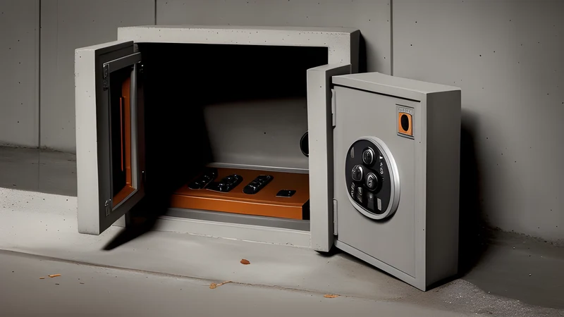 A small safe bolted inside a larger safe, both set into concrete