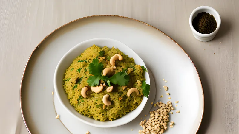 A bowl of soft yellow ven pongal topped with fried cashews and curry leaves