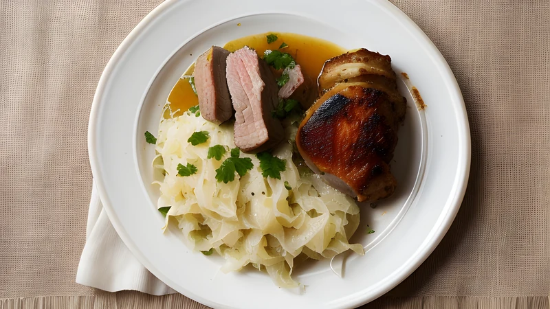 Slices of roast pork with crackling, pale bread dumpling discs and braised sauerkraut on a white plate