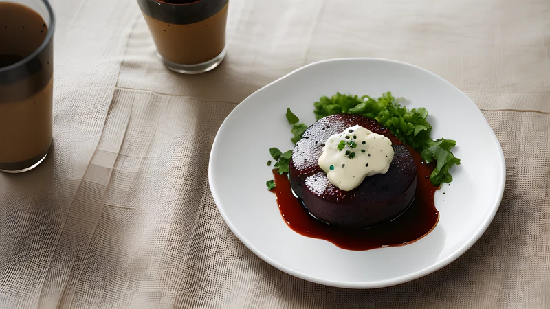 Coiled dark blood sausages roasted until glossy, on a tray with lingonberry jam and sauerkraut
