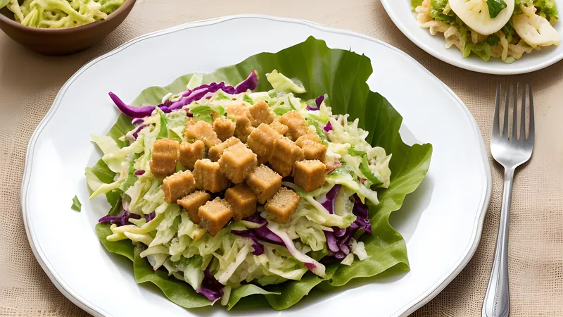 Boiled yuca, crisp pork crackling and vinegar cabbage curtido piled on a banana leaf