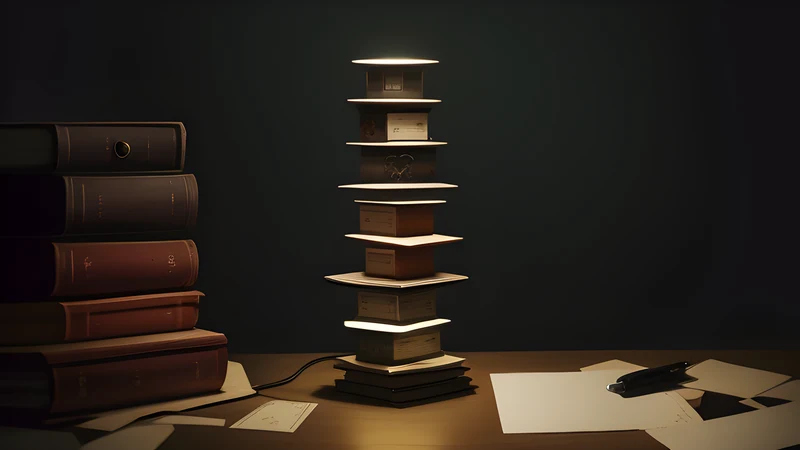 A teetering tower of glowing task cards looming over a small, tidy desk