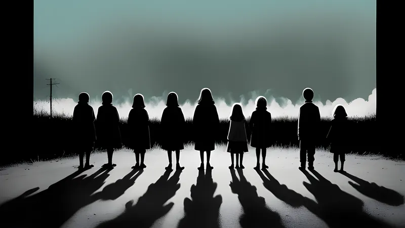 A row of pale children's silhouettes standing in a country lane, in teal and amber repertory-poster light