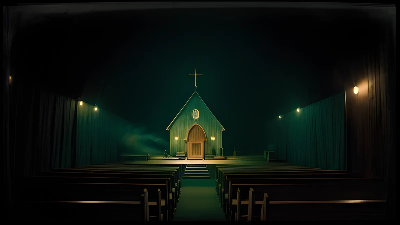 A wooden Ukrainian church at night with a chalk circle glowing on the floorboards, rendered as a repertory cinema poster in teal and amber