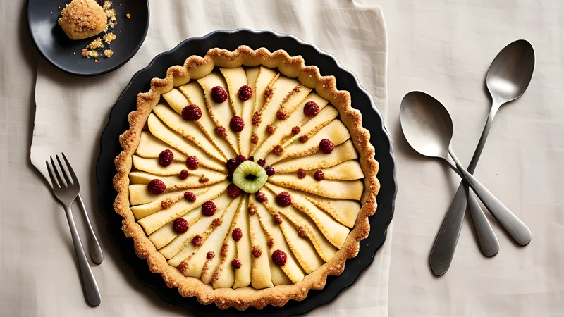 A wide shallow cherry tart with a golden lattice top on a wire rack, one slice cut away