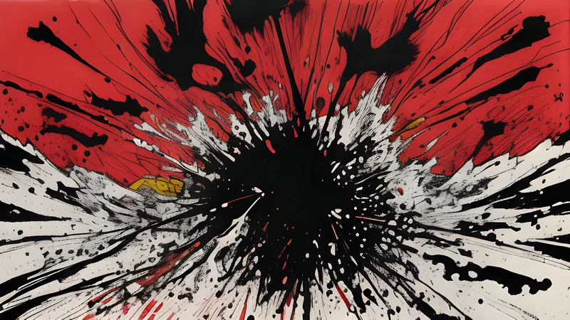 Ink-splattered packed arena silhouette with a rockabilly quiff motif and a swinging guitar neck, crimson spot colour