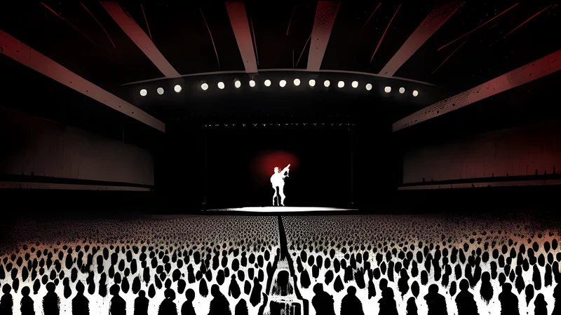 Ink illustration of a clean modern loud room with a wide stage and crowd silhouettes, crimson spot colour against grit