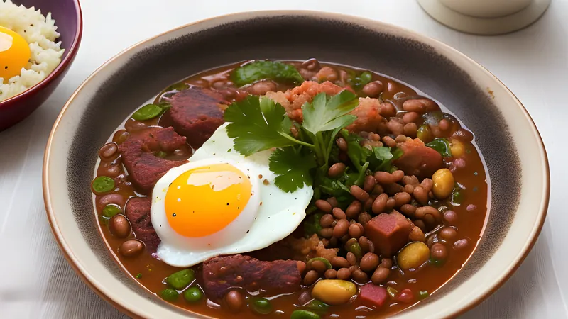 Waakye, rice and beans tinted purple-brown with sorghum leaves, stew and egg