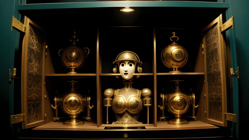 An ornate brass and lace automaton caught mid-motion inside a dim curiosity cabinet, teal and amber repertory poster style
