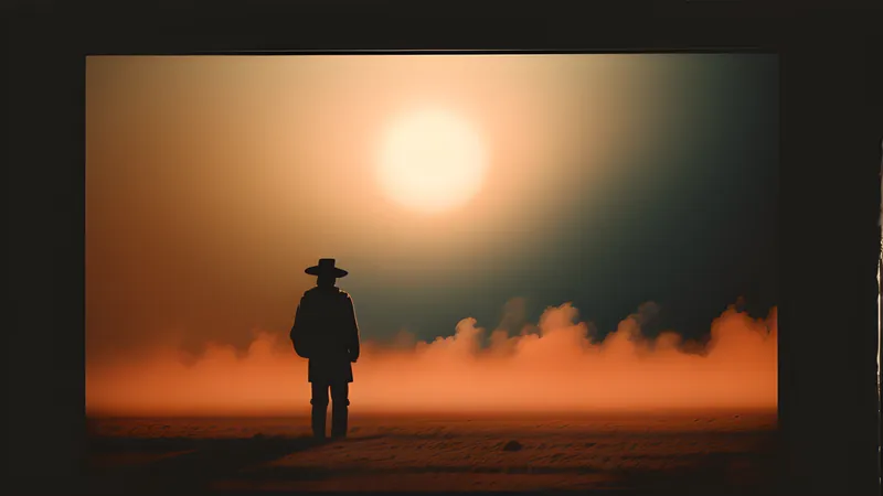 A lone waterhole under a vast red sky with two small figures at its edge, repertory cinema poster in teal and amber with heavy grain
