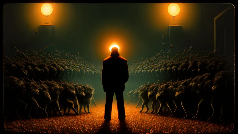 A lone hero figure standing in torchlight surrounded by a swarm of smaller creatures