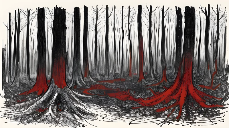 Ink illustration of hands playing a bowed lyre before a forest at dusk, crimson spot colour