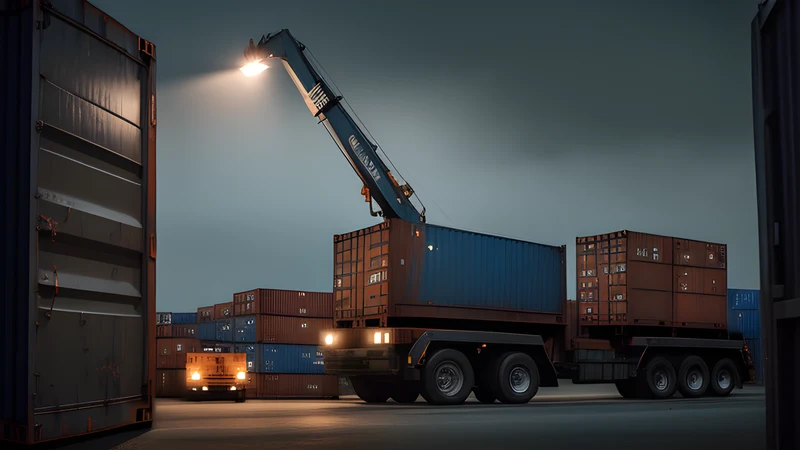 An automated crane swapping shipping containers at night, one dropped and cracked open