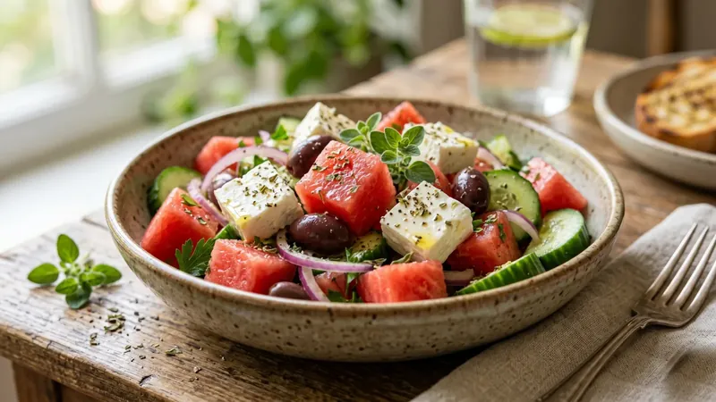 Greek Salad with Watermelon and Oregano-Honey Dressing