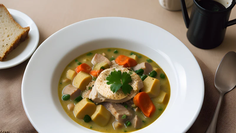 A wide bowl of pale creamy chicken stew with fine strips of carrot, leek and celeriac and chopped parsley