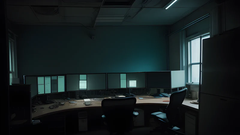 A small dim operations room with correlated security alerts glowing on modest hardware