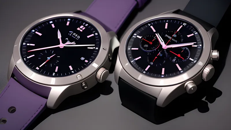 Two invented smartwatch bodies side by side, one with a rotating crown, one with a flat touch bezel