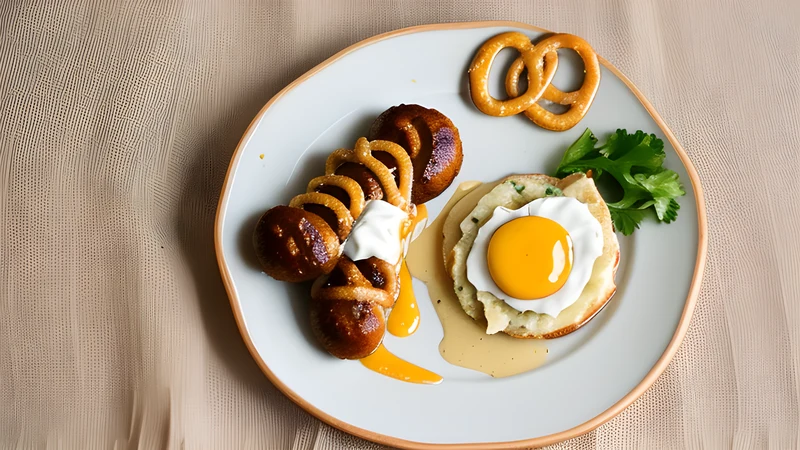 Two pale white sausages in a bowl of hot water beside a soft pretzel and a dish of dark sweet mustard