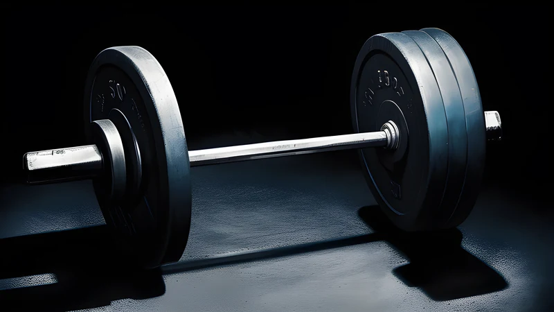 A loaded barbell on a rack casting a shadow shaped like a rising progress graph