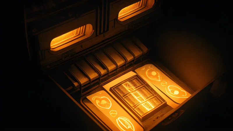 A glowing sheet of text folding through layered translucent gears into compact glowing machine symbols