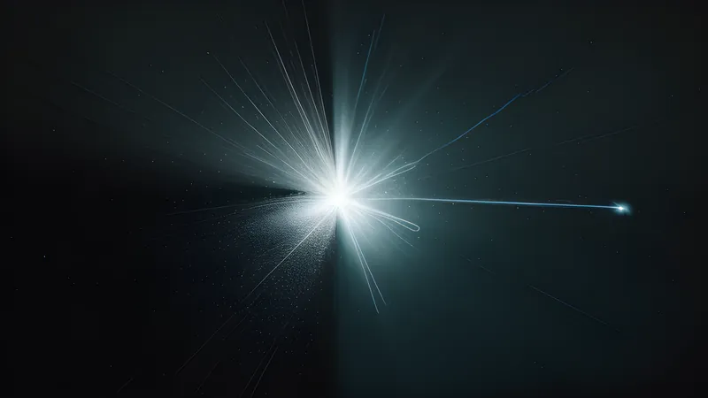Two glowing threads of light racing toward the same single point, colliding into a brief chaotic flare, soft blue accent lighting