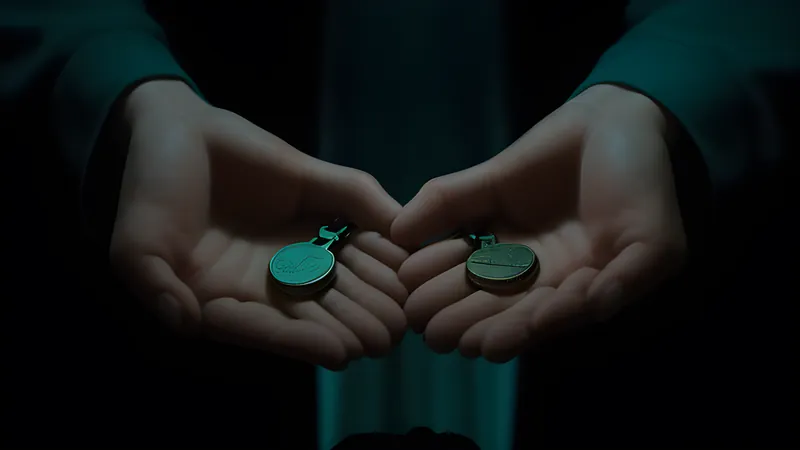Two glowing hands reaching across a dark gap, exchanging small key-shaped tokens of light before clasping, teal accent lighting