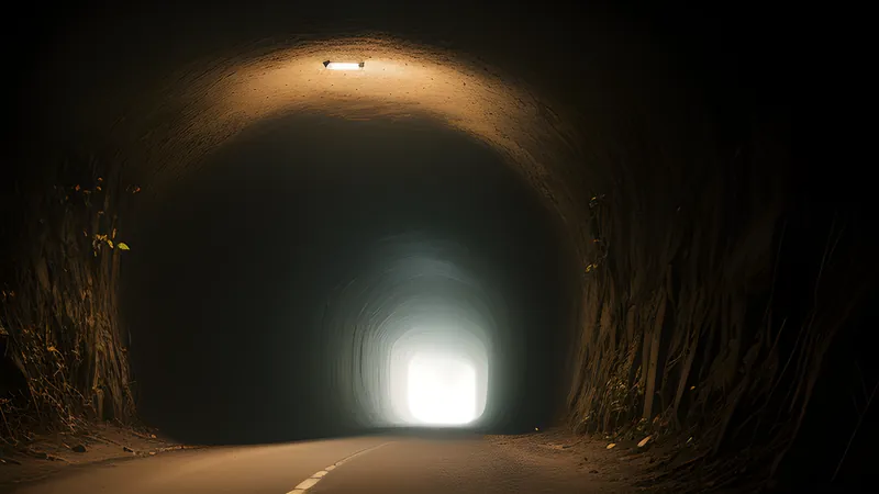 A glowing tunnel of light bending through a foggy landscape, a watchful eye peering just outside its edge, teal accent lighting